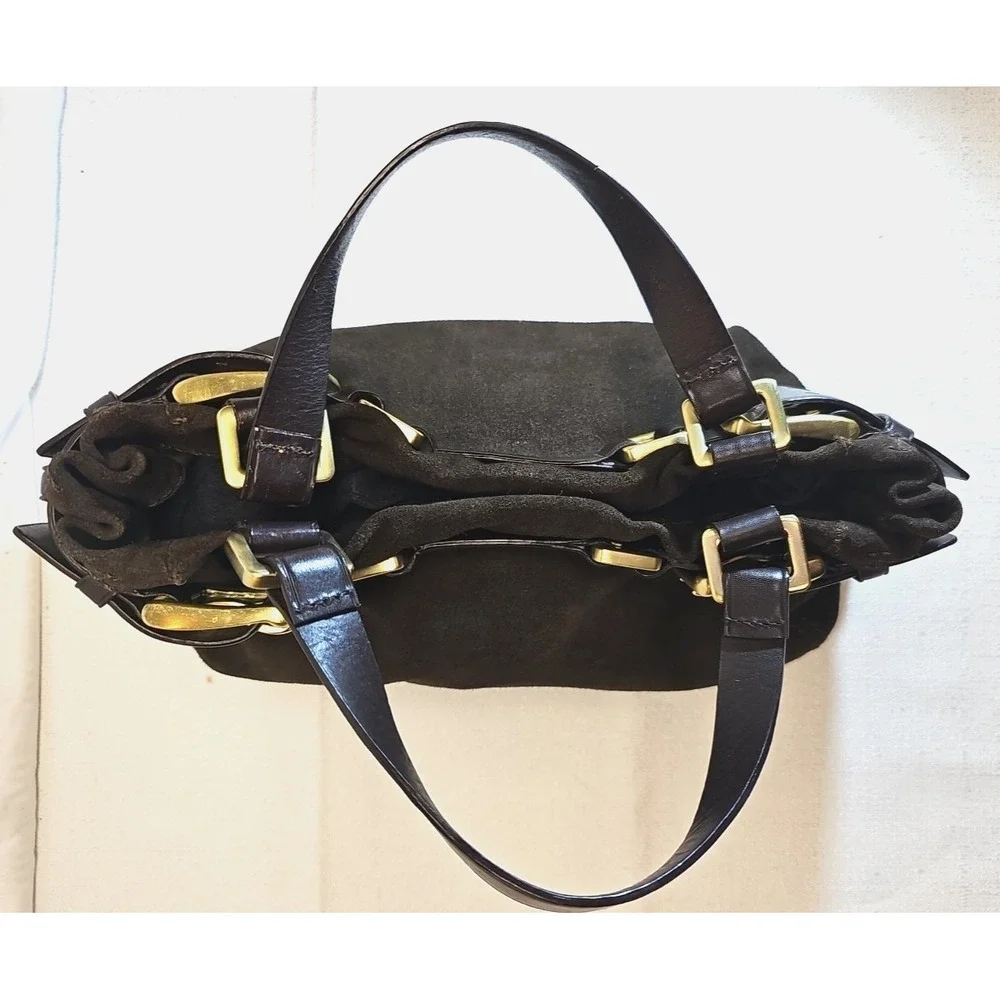 ✨ Y2K  Donna Karan Chocolate Suede Double Buckle Mini-Satchel, BOHO Slouchy Edgy